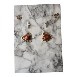 Set Of 3 Stud Earrings; Heart with Rose, Cross & Dove For Women